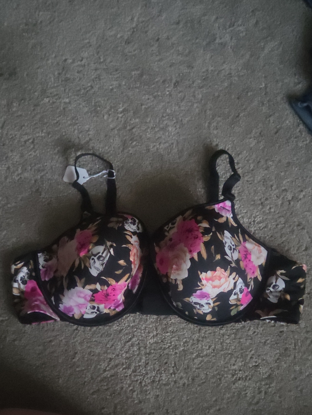 Black Floral Underwire Bra with Pink Rose Print